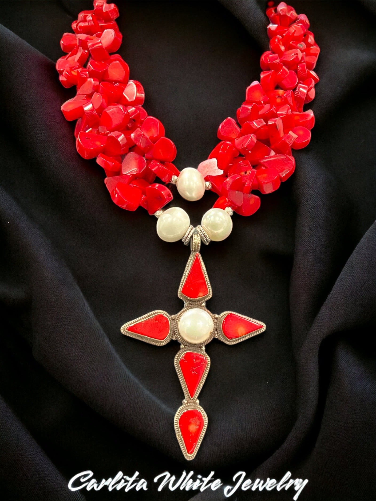 Red Coral and White Necklace with Red and White Cross – CWJ Custom