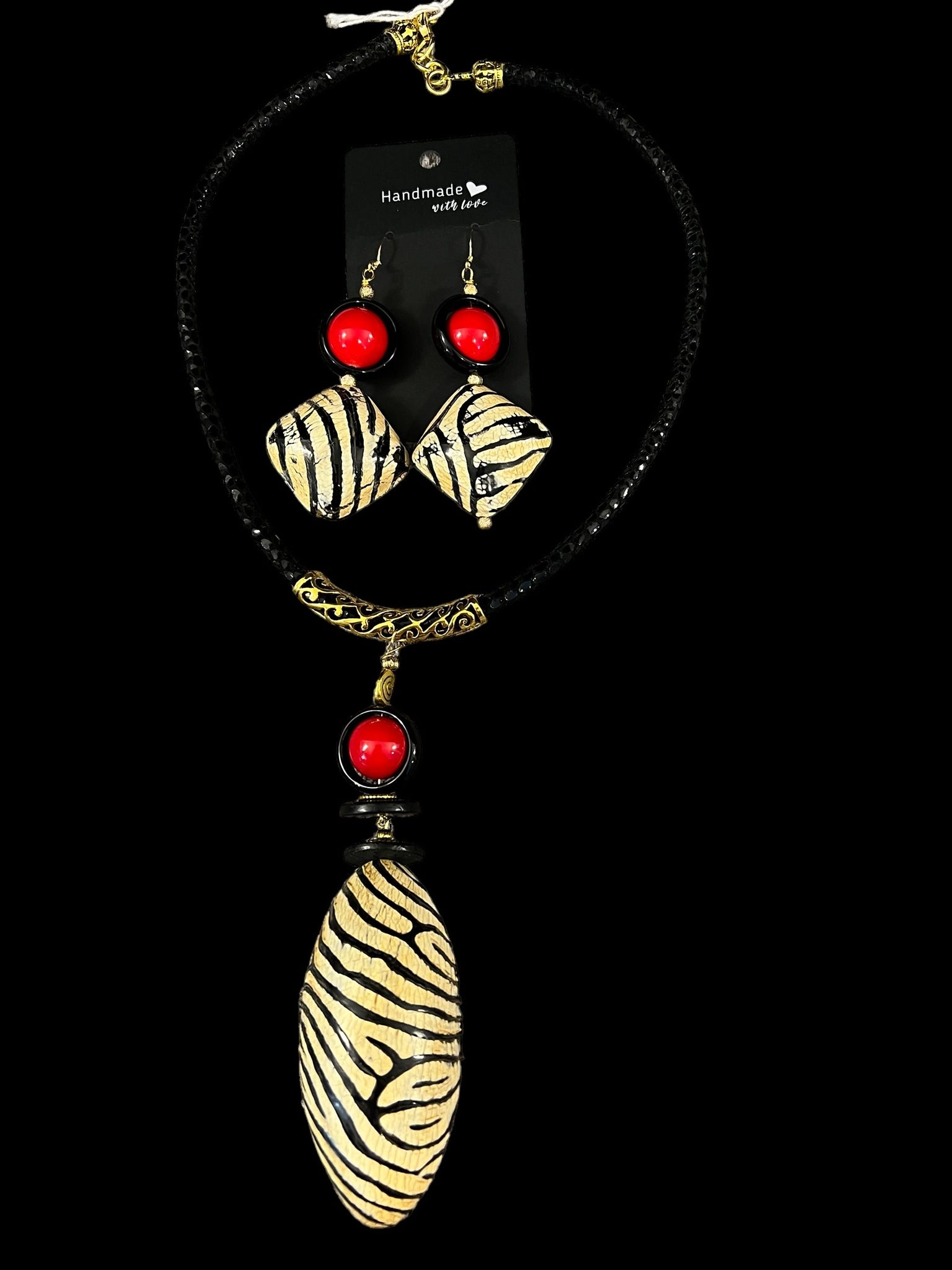 Black Striped Wood Necklace Set
