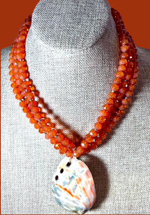 Multi-Strand Orange Glass Crystal Necklace w/ Abalone Shell
